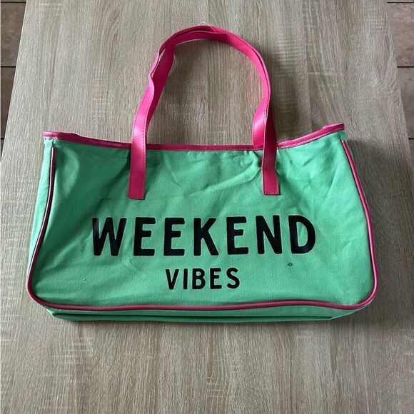 NWOT … Weekend Vibes Green and Pink Tote Bag - Picture 2 of 3